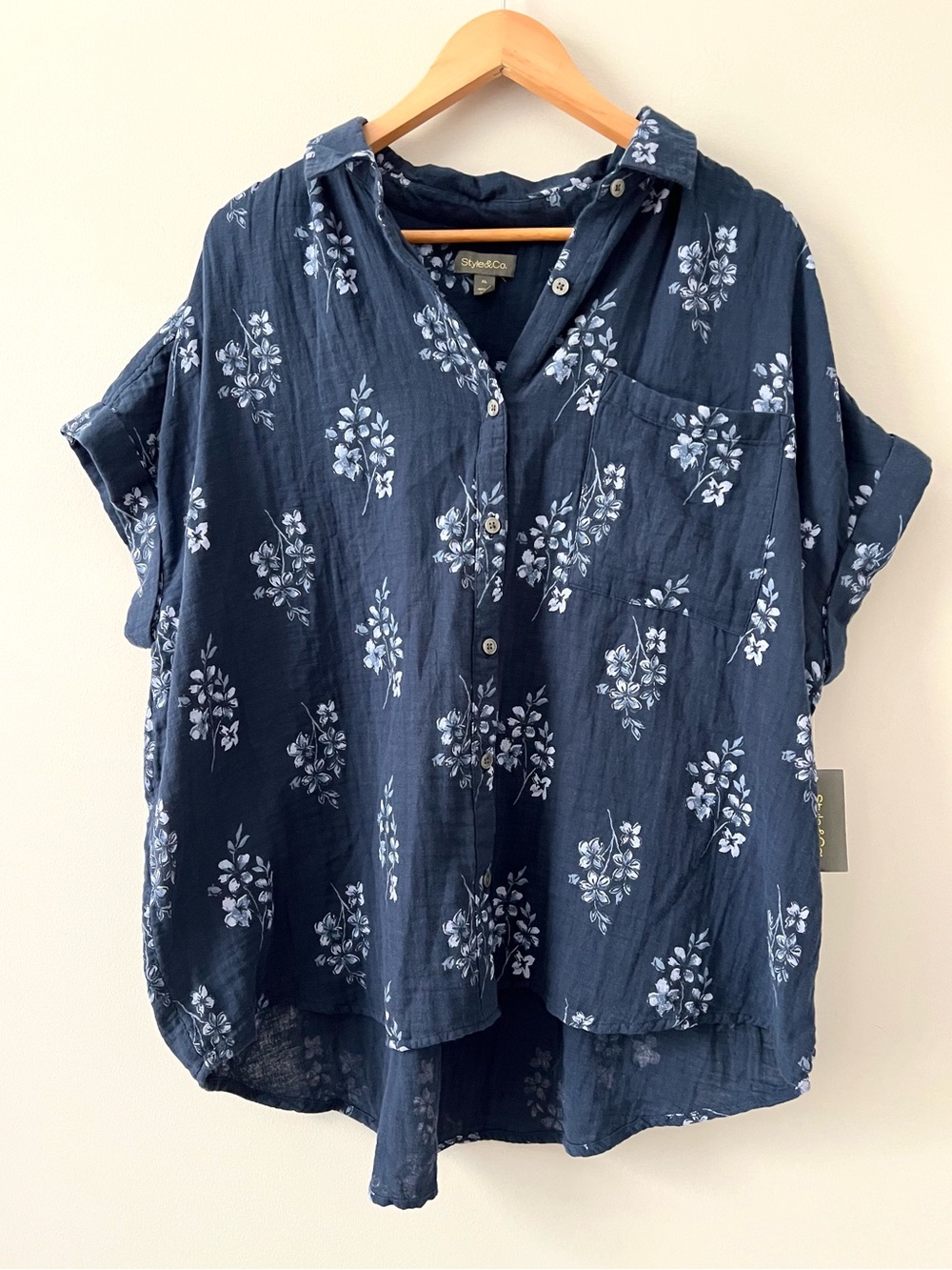 Style & Co. Navy Blue Floral Button-Up Oversized Gauze Shirt Size XL 100% Cotton